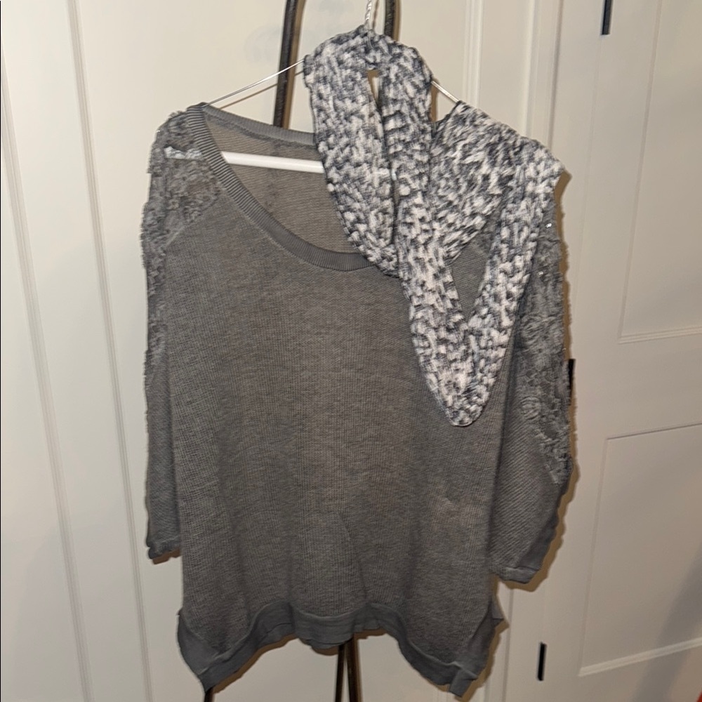 Gray Knit Sweater with Lace Details and Scarf Set